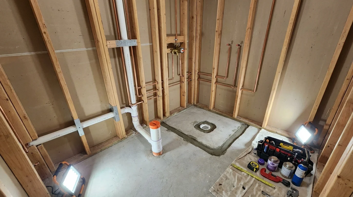 Bathroom rough-in plumbing during remodel by Johns Plumbing LLC in Penn Valley