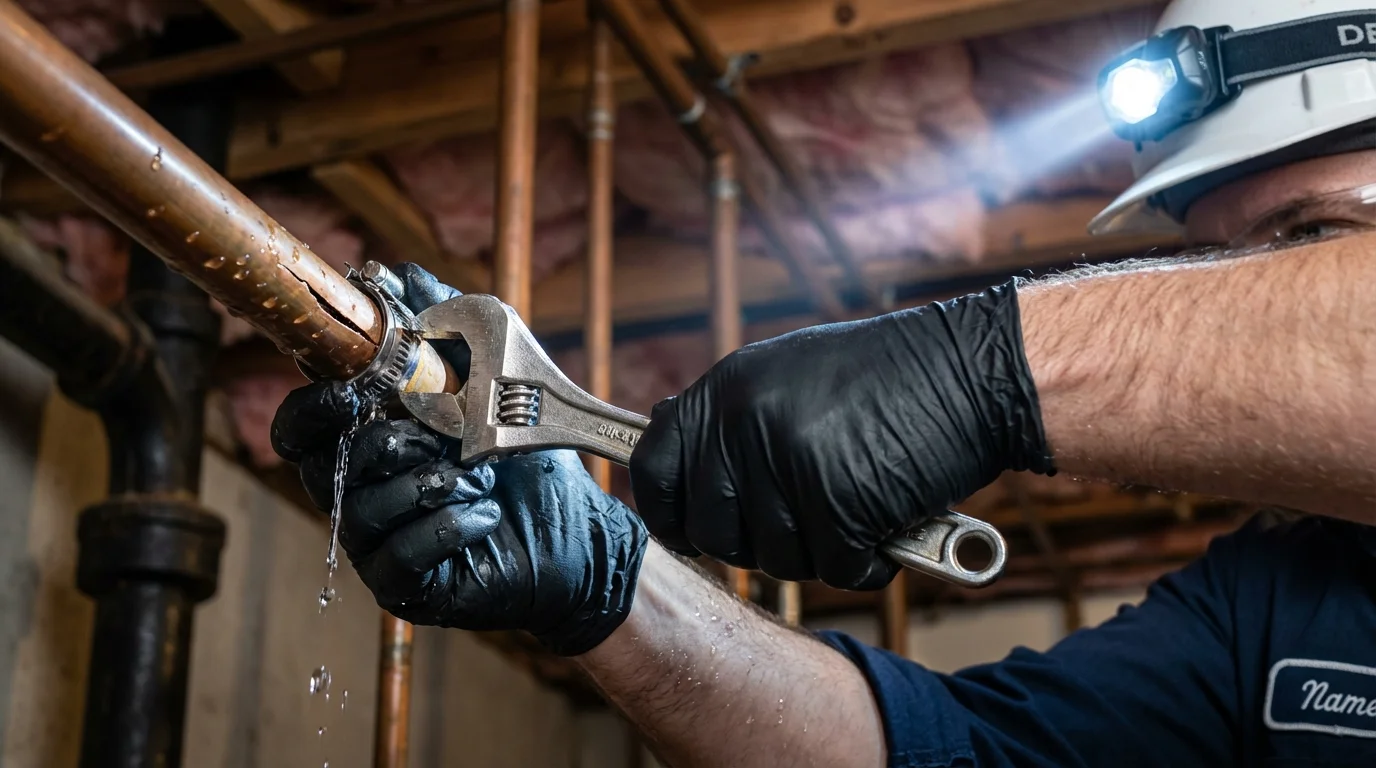Emergency pipe clamp repair being performed by a Johns Plumbing LLC plumber in Penn Valley
