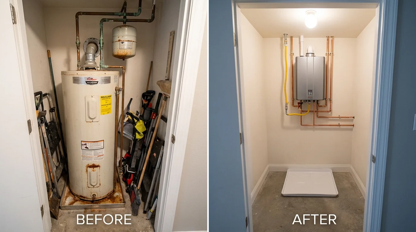 Tank water heater versus wall-mounted tankless unit comparison for Penn Valley, CA homeowners