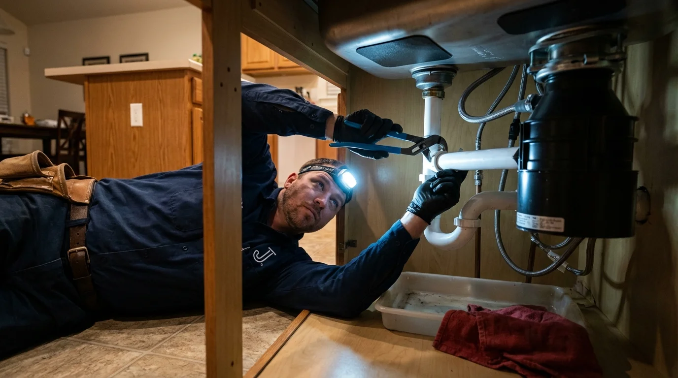 P-trap and supply line connections under a kitchen sink showing a common leak point in Penn Valley, CA